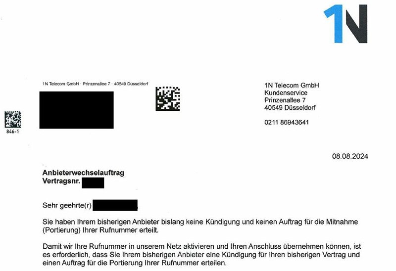 Brief der 1N Telecom mit Logo 1N oben rechts, Betreff: Anbieterwechselauftrag, Vertragsnr. geschwärzt