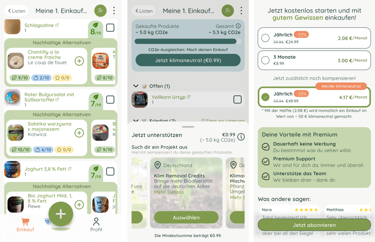 Screenshots von beispielhaften Funktionen der App EcoCheck