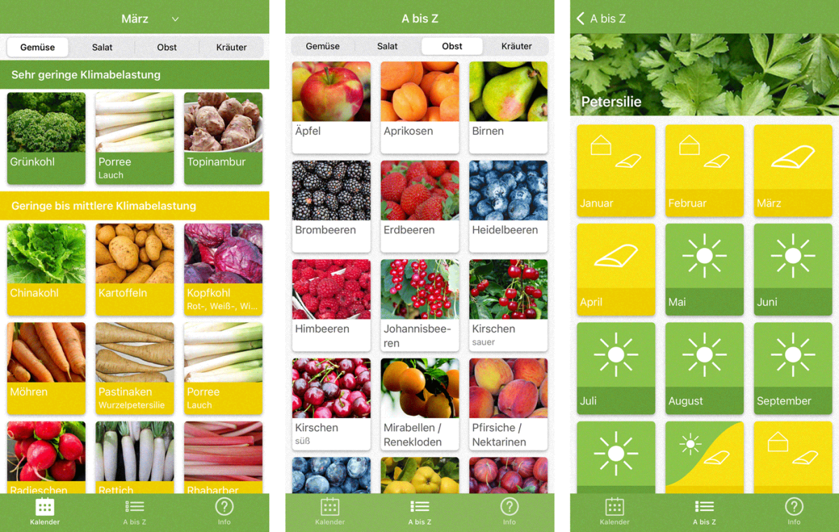 Screenshots der App "GrünZeit - Saisonkalender"