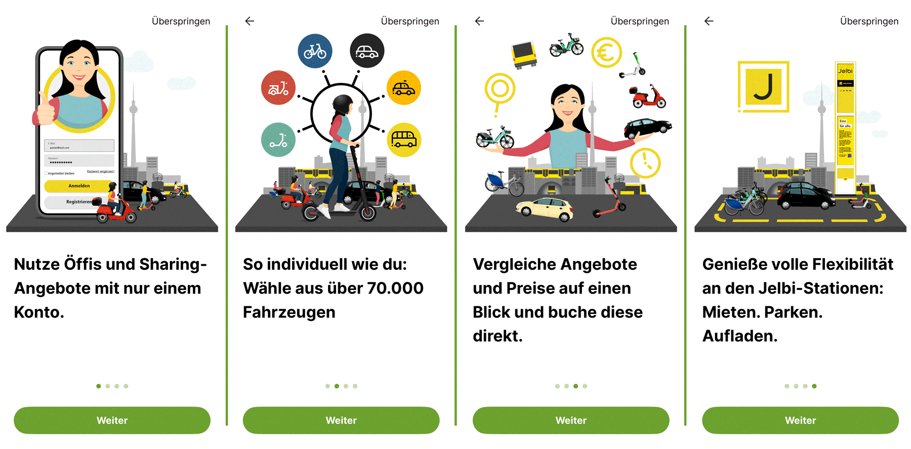 Screenshots der App "Jelbi" für Angebote des öffentlichen Nahverkehrs und von Sharing-Unternehmen