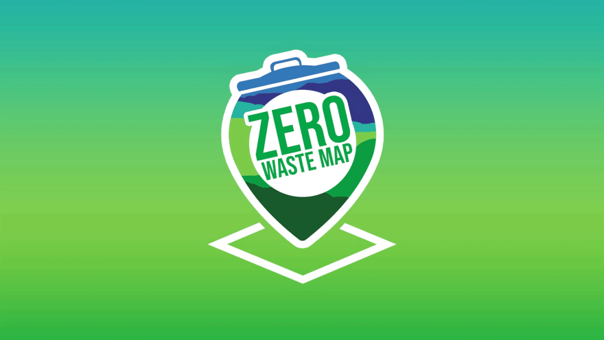 Illustration einer Kartenmarkierung mit Mülltonnendeckel und Schriftzug "Zero Waste Map" als Logo der gleichnamigen App