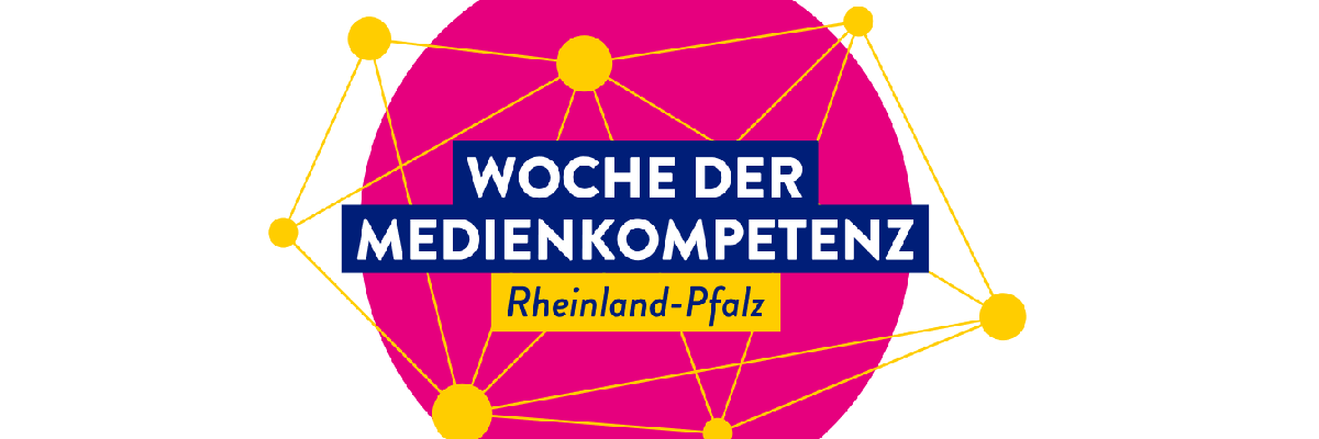 Ein Logo der Woche der Medienkompetenz: ein rosafarbener Kreis in der Mitte, umgeben von einem gelben Netz mit gelben Kreisen.