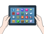 Grafik: Jeman hält ein Tablet in den Händen. Auf dfm Tablet gibt es verschiedene Apps.